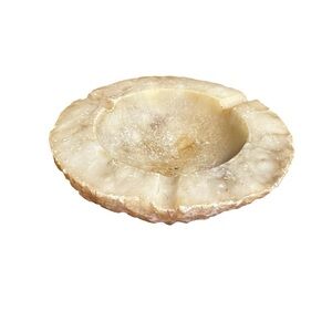 Vintage Italian Beige Alabaster Ashtray Hand Carved Round Heavy Raw Cut Stone